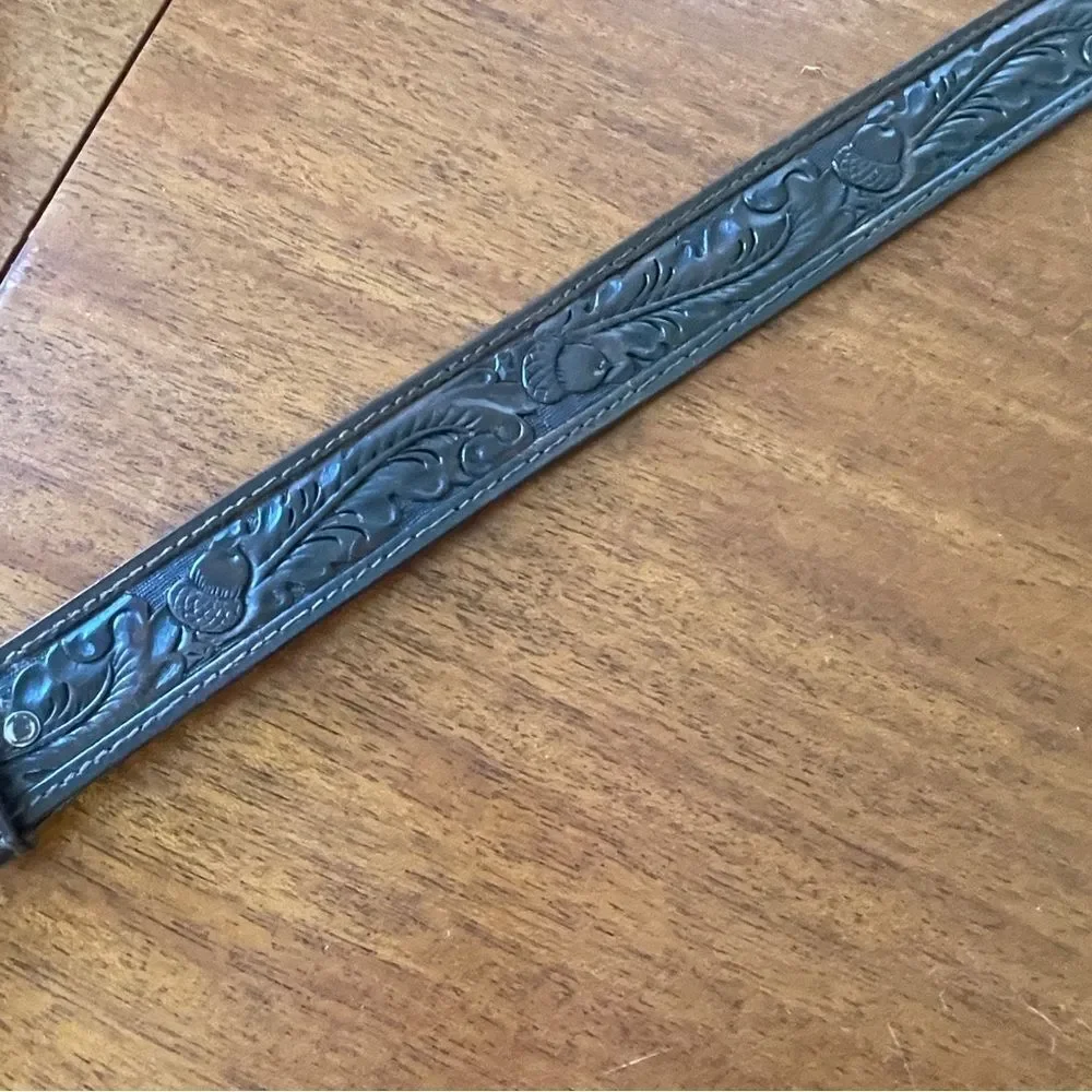 Vintage Chambers Embossed Leather Belt With Acorns and Leaves Brown Tan